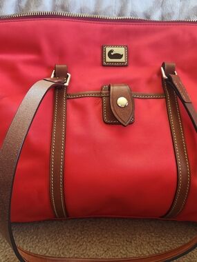 Dooney & Bourke Red Tote Bag with Brown Leather Trim